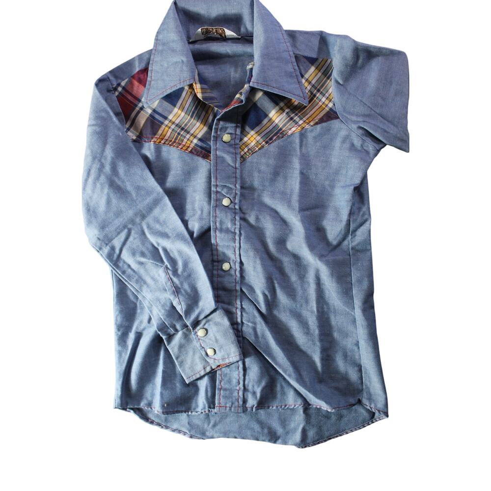 VTG Montgomery Ward pearl snap western long sleeve shirt plaid denim Boys 10 - Picture 2 of 8